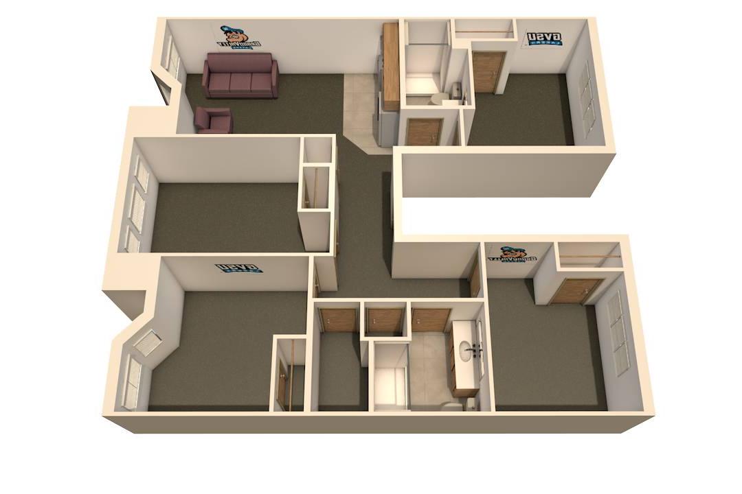 image of a secchia hall 4 bedroom 4 person apartment floor plan